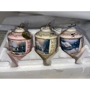 3 Bradford / Thomas Kinkade 68413 Christmas Ornaments w/ Cert of Authenticity